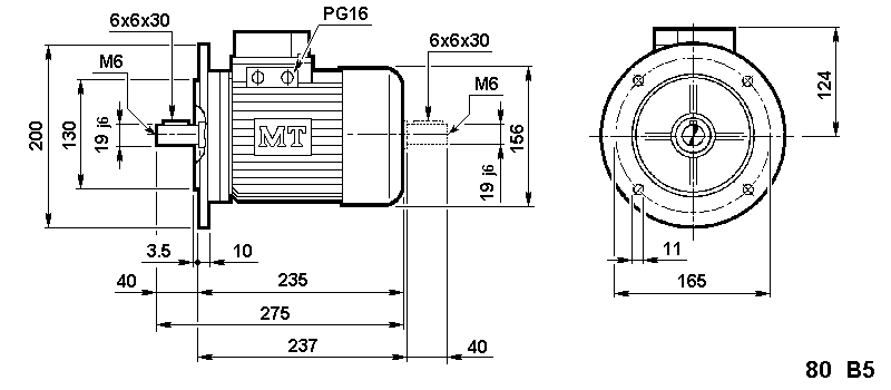 Metric 80 frame motor dimensions B3, B5, B14